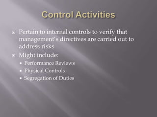 Control ActivitiesPertain to internal controls to verify that management’s directives are carried out to address risks Might include:Performance ReviewsPhysical ControlsSegregation of Duties