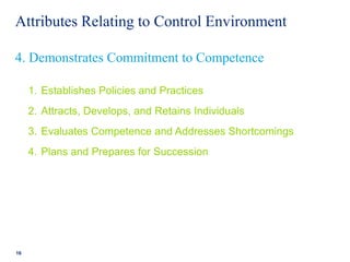Attributes Relating to Control Environment
1. Establishes Policies and Practices
2. Attracts, Develops, and Retains Individuals
3. Evaluates Competence and Addresses Shortcomings
4. Plans and Prepares for Succession
16
4. Demonstrates Commitment to Competence
 