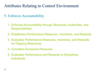 Attributes Relating to Control Environment
1. Enforces Accountability through Structures, Authorities, and
Responsibilities
2. Establishes Performance Measures, Incentives, and Rewards
3. Evaluates Performance Measures, Incentives, and Rewards
for Ongoing Relevance
4. Considers Excessive Pressures
5. Evaluates Performance and Rewards or Disciplines
Individuals
17
5. Enforces Accountability
 