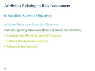 Attributes Relating to Risk Assessment
Attributes Relating to Reporting Objectives
Internal Reporting Objectives (financial and/or non-financial)
• Considers the Required Level of Precision
• Reflects Management’s Choices
• Reflects Entity Activities
23
6. Specifies Relevant Objectives
 