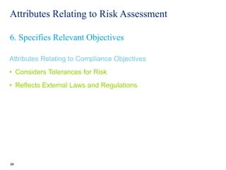 Attributes Relating to Risk Assessment
Attributes Relating to Compliance Objectives
• Considers Tolerances for Risk
• Reflects External Laws and Regulations
24
6. Specifies Relevant Objectives
 