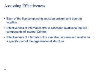 Assessing Effectiveness
• Each of the five components must be present and operate
together.
• Effectiveness of internal control is assessed relative to the five
components of internal Control.
• Effectiveness of internal control can also be assessed relative to
a specific part of the organizational structure.
57
 