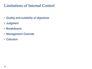 Limitations of Internal Control
• Quality and suitability of objectives
• Judgment
• Breakdowns
• Management Override
• Collusion
59
 