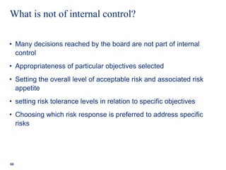 What is not of internal control?
• Many decisions reached by the board are not part of internal
control
• Appropriateness of particular objectives selected
• Setting the overall level of acceptable risk and associated risk
appetite
• setting risk tolerance levels in relation to specific objectives
• Choosing which risk response is preferred to address specific
risks
60
 