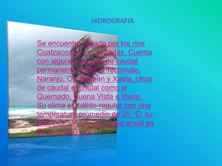 FLORA Y FAUNASelva perennifolia con especies como la palma real, cedro, sombrerete, caobilla, Guachichile y cedrillo; donde se desarrollo una fauna compuesta por poblaciones de mamíferos silvestres : conejos, armadillos, mapaches, tejones, Tepescuintles; aves como patos, grullas, gansos, gavilanes, pichos y zopilotes; y reptiles venenosos