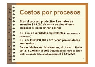 Costos por procesos
20
Si en el proceso productivo 1 se hubieran
invertido $ 18,000 de mano de obra directa
entonces el costo unitario sería:
c.u. = m.o.d./unidades equivalentes. (para costode
conversión)
c.u. = $ 18,000/ 8,800 = $ 2.04545 para unidades
terminadas.
Para unidades semielaboradas, el costo unitario
sería: $ 2.04545 al 50% (recuerda que es mano de obra y
por lo tanto parte del costo de conversión) $ 1.022727
 