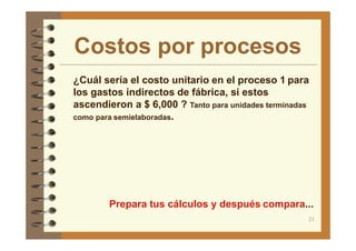 Costos por procesos
21
¿Cuál sería el costo unitario en el proceso 1 para
los gastos indirectos de fábrica, si estos
ascendieron a $ 6,000 ? Tanto para unidades terminadas
como para semielaboradas.
Prepara tus cálculos y después compara...
 