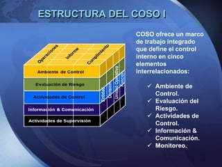 ESTRUCTURA DEL COSO I
COSO ofrece un marco
de trabajo integrado
que define el control
interno en cinco
elementos
interrelacionados:
 Ambiente de
Control.
 Evaluación del
Riesgo.
 Actividades de
Control.
 Información &
Comunicación.
 Monitoreo.
 