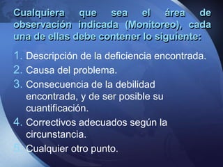 Cualquiera que sea el área de
observación indicada (Monitoreo), cada
una de ellas debe contener lo siguiente:
1. Descripción de la deficiencia encontrada.
2. Causa del problema.
3. Consecuencia de la debilidad
encontrada, y de ser posible su
cuantificación.
4. Correctivos adecuados según la
circunstancia.
5. Cualquier otro punto.
 