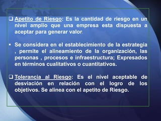 Apetito de Riesgo: Es la cantidad de riesgo en un
nivel amplio que una empresa esta dispuesta a
aceptar para generar valor.
 Se considera en el establecimiento de la estrategia
, permite el alineamiento de la organización, las
personas , procesos e infraestructura; Expresados
en términos cualitativos o cuantitativos.
 Tolerancia al Riesgo: Es el nivel aceptable de
desviación en relación con el logro de los
objetivos. Se alinea con el apetito de Riesgo.
 