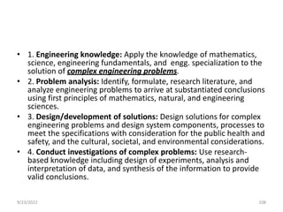• 1. Engineering knowledge: Apply the knowledge of mathematics,
science, engineering fundamentals, and engg. specialization to the
solution of complex engineering problems.
• 2. Problem analysis: Identify, formulate, research literature, and
analyze engineering problems to arrive at substantiated conclusions
using first principles of mathematics, natural, and engineering
sciences.
• 3. Design/development of solutions: Design solutions for complex
engineering problems and design system components, processes to
meet the specifications with consideration for the public health and
safety, and the cultural, societal, and environmental considerations.
• 4. Conduct investigations of complex problems: Use research-
based knowledge including design of experiments, analysis and
interpretation of data, and synthesis of the information to provide
valid conclusions.
9/23/2022 108
 