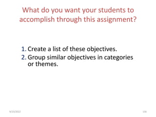What do you want your students to
accomplish through this assignment?
1. Create a list of these objectives.
2. Group similar objectives in categories
or themes.
9/23/2022 156
 
