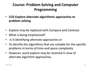 Course: Problem Solving and Computer
Programming
• CO2 Explore alternate algorithmic approaches to
problem solving
• Explore may be replaced with Compare and Contrast.
• What is being emphasised?
• Is it identifying alternate approaches or
• To identify the algorithms that are suitable for the specific
problems in terms of time and space complexity.
• However, word explore may be retained in view of
alternate algorithm approaches.
54
9/23/2022
 