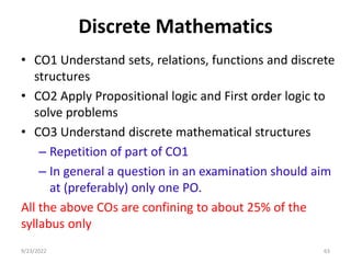 Discrete Mathematics
• CO1 Understand sets, relations, functions and discrete
structures
• CO2 Apply Propositional logic and First order logic to
solve problems
• CO3 Understand discrete mathematical structures
– Repetition of part of CO1
– In general a question in an examination should aim
at (preferably) only one PO.
All the above COs are confining to about 25% of the
syllabus only
63
9/23/2022
 
