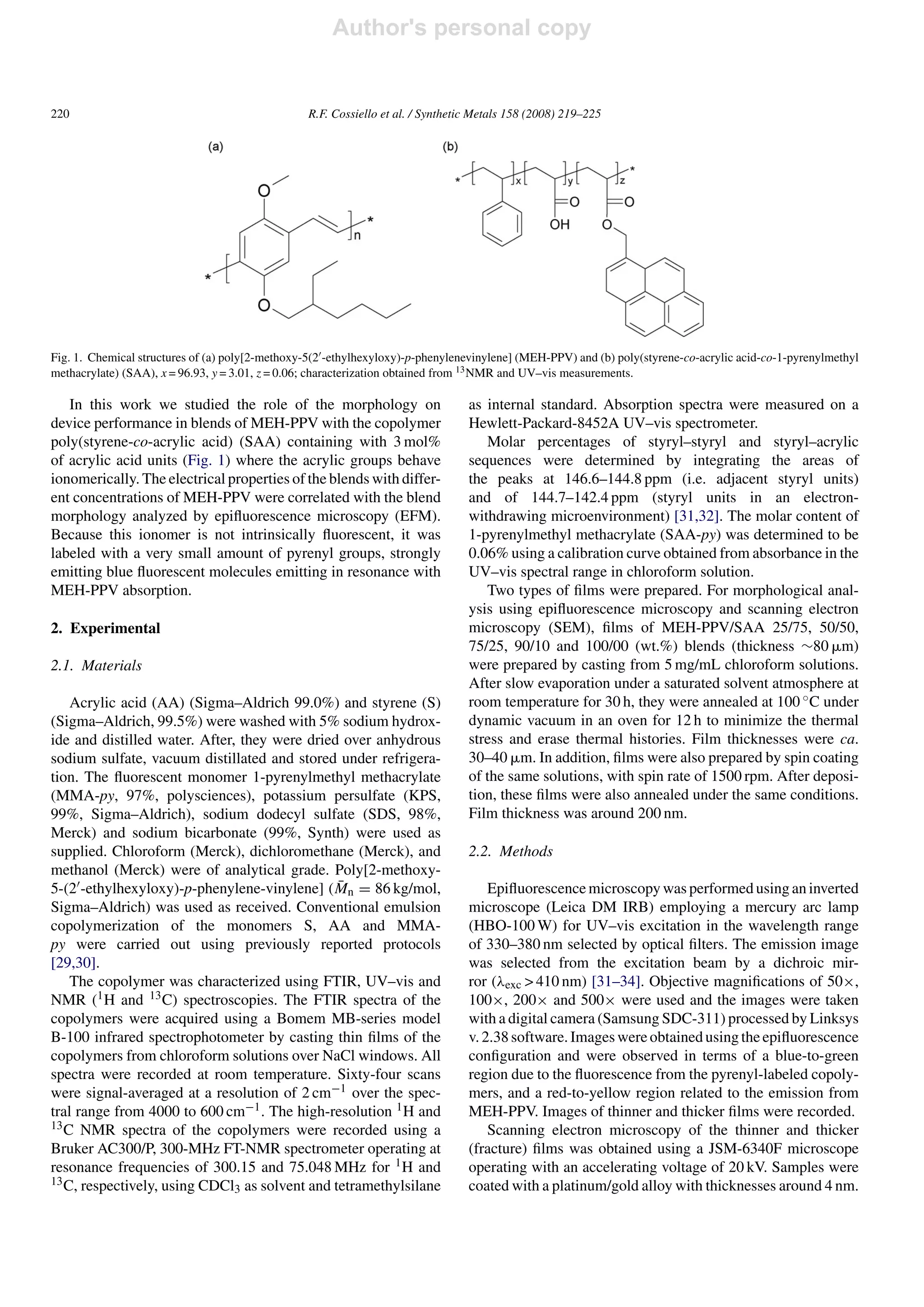 Author's personal copy


220                                              R.F. Cossiello et al. / Synthetic Metals 158 (2008) 219–225




Fig. 1. Chemical structures of (a) poly[2-methoxy-5(2 -ethylhexyloxy)-p-phenylenevinylene] (MEH-PPV) and (b) poly(styrene-co-acrylic acid-co-1-pyrenylmethyl
methacrylate) (SAA), x = 96.93, y = 3.01, z = 0.06; characterization obtained from 13 NMR and UV–vis measurements.

   In this work we studied the role of the morphology on                         as internal standard. Absorption spectra were measured on a
device performance in blends of MEH-PPV with the copolymer                       Hewlett-Packard-8452A UV–vis spectrometer.
poly(styrene-co-acrylic acid) (SAA) containing with 3 mol%                          Molar percentages of styryl–styryl and styryl–acrylic
of acrylic acid units (Fig. 1) where the acrylic groups behave                   sequences were determined by integrating the areas of
ionomerically. The electrical properties of the blends with differ-              the peaks at 146.6–144.8 ppm (i.e. adjacent styryl units)
ent concentrations of MEH-PPV were correlated with the blend                     and of 144.7–142.4 ppm (styryl units in an electron-
morphology analyzed by epiﬂuorescence microscopy (EFM).                          withdrawing microenvironment) [31,32]. The molar content of
Because this ionomer is not intrinsically ﬂuorescent, it was                     1-pyrenylmethyl methacrylate (SAA-py) was determined to be
labeled with a very small amount of pyrenyl groups, strongly                     0.06% using a calibration curve obtained from absorbance in the
emitting blue ﬂuorescent molecules emitting in resonance with                    UV–vis spectral range in chloroform solution.
MEH-PPV absorption.                                                                 Two types of ﬁlms were prepared. For morphological anal-
                                                                                 ysis using epiﬂuorescence microscopy and scanning electron
2. Experimental                                                                  microscopy (SEM), ﬁlms of MEH-PPV/SAA 25/75, 50/50,
                                                                                 75/25, 90/10 and 100/00 (wt.%) blends (thickness ∼80 m)
2.1. Materials                                                                   were prepared by casting from 5 mg/mL chloroform solutions.
                                                                                 After slow evaporation under a saturated solvent atmosphere at
    Acrylic acid (AA) (Sigma–Aldrich 99.0%) and styrene (S)                      room temperature for 30 h, they were annealed at 100 ◦ C under
(Sigma–Aldrich, 99.5%) were washed with 5% sodium hydrox-                        dynamic vacuum in an oven for 12 h to minimize the thermal
ide and distilled water. After, they were dried over anhydrous                   stress and erase thermal histories. Film thicknesses were ca.
sodium sulfate, vacuum distillated and stored under refrigera-                   30–40 m. In addition, ﬁlms were also prepared by spin coating
tion. The ﬂuorescent monomer 1-pyrenylmethyl methacrylate                        of the same solutions, with spin rate of 1500 rpm. After deposi-
(MMA-py, 97%, polysciences), potassium persulfate (KPS,                          tion, these ﬁlms were also annealed under the same conditions.
99%, Sigma–Aldrich), sodium dodecyl sulfate (SDS, 98%,                           Film thickness was around 200 nm.
Merck) and sodium bicarbonate (99%, Synth) were used as
supplied. Chloroform (Merck), dichloromethane (Merck), and                       2.2. Methods
methanol (Merck) were of analytical grade. Poly[2-methoxy-
5-(2 -ethylhexyloxy)-p-phenylene-vinylene] (Mn = 86 kg/mol,
                                               ¯                                     Epiﬂuorescence microscopy was performed using an inverted
Sigma–Aldrich) was used as received. Conventional emulsion                       microscope (Leica DM IRB) employing a mercury arc lamp
copolymerization of the monomers S, AA and MMA-                                  (HBO-100 W) for UV–vis excitation in the wavelength range
py were carried out using previously reported protocols                          of 330–380 nm selected by optical ﬁlters. The emission image
[29,30].                                                                         was selected from the excitation beam by a dichroic mir-
    The copolymer was characterized using FTIR, UV–vis and                       ror (λexc > 410 nm) [31–34]. Objective magniﬁcations of 50×,
NMR (1 H and 13 C) spectroscopies. The FTIR spectra of the                       100×, 200× and 500× were used and the images were taken
copolymers were acquired using a Bomem MB-series model                           with a digital camera (Samsung SDC-311) processed by Linksys
B-100 infrared spectrophotometer by casting thin ﬁlms of the                     v. 2.38 software. Images were obtained using the epiﬂuorescence
copolymers from chloroform solutions over NaCl windows. All                      conﬁguration and were observed in terms of a blue-to-green
spectra were recorded at room temperature. Sixty-four scans                      region due to the ﬂuorescence from the pyrenyl-labeled copoly-
were signal-averaged at a resolution of 2 cm−1 over the spec-                    mers, and a red-to-yellow region related to the emission from
tral range from 4000 to 600 cm−1 . The high-resolution 1 H and                   MEH-PPV. Images of thinner and thicker ﬁlms were recorded.
13 C NMR spectra of the copolymers were recorded using a                             Scanning electron microscopy of the thinner and thicker
Bruker AC300/P, 300-MHz FT-NMR spectrometer operating at                         (fracture) ﬁlms was obtained using a JSM-6340F microscope
resonance frequencies of 300.15 and 75.048 MHz for 1 H and                       operating with an accelerating voltage of 20 kV. Samples were
13 C, respectively, using CDCl as solvent and tetramethylsilane                  coated with a platinum/gold alloy with thicknesses around 4 nm.
                               3
 