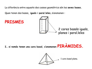 La diferència entre aquests dos cossos geomètrics són les seves bases.
Quan tenen dos bases, iguals i paral.leles, s’anomenen :
PRISMES
I… si només tenen una cara basal, s’anomenen PIRÀMIDES.
2 cares basals iguals,
planes i paral.leles
1 cara basal plana.
 