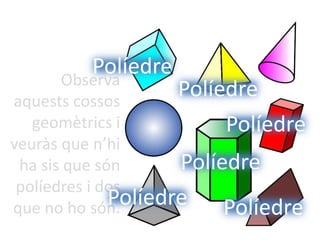 Observa
aquests cossos
geomètrics i
veuràs que n’hi
ha sis que són
políedres i dos
que no ho són.
Políedre
Políedre
Políedre
Políedre
Políedre
Políedre
 