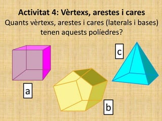 Activitat 4: Vèrtexs, arestes i cares
Quants vèrtexs, arestes i cares (laterals i bases)
tenen aquests políedres?
a
b
c
 