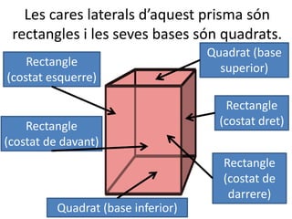 Les cares laterals d’aquest prisma són
rectangles i les seves bases són quadrats.
Rectangle
(costat esquerre)
Quadrat (base inferior)
Rectangle
(costat dret)
Quadrat (base
superior)
Rectangle
(costat de davant)
Rectangle
(costat de
darrere)
 