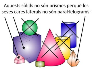 Aquests sòlids no són prismes perquè les
seves cares laterals no són paral·lelograms:
 
