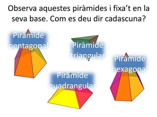 Observa aquestes piràmides i fixa’t en la
seva base. Com es deu dir cadascuna?
Piràmide
triangular
Piràmide
pentagonal
Piràmide
quadrangular
Piràmide
hexagonal
 