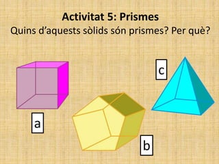 Activitat 5: Prismes
Quins d’aquests sòlids són prismes? Per què?
a
b
c
 