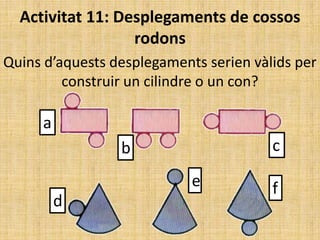 Activitat 11: Desplegaments de cossos
rodons
Quins d’aquests desplegaments serien vàlids per
construir un cilindre o un con?
a
b c
d
e f
 