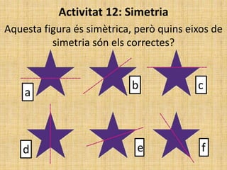 Activitat 12: Simetria
Aquesta figura és simètrica, però quins eixos de
simetria són els correctes?
a
b c
d e f
 