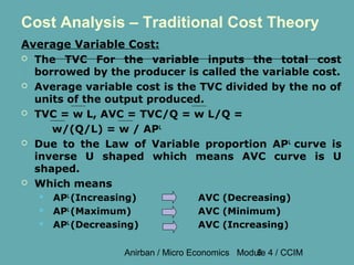 Cost Analysis – Traditional Cost Theory
Average Variable Cost:
 The TVC For the variable inputs the total cost
  borrowed by the producer is called the variable cost.
 Average variable cost is the TVC divided by the no of
  units of the output produced.
 TVC = w L, AVC = TVC/Q = w L/Q =

     w/(Q/L) = w / APL
 Due to the Law of Variable proportion AP L curve is
  inverse U shaped which means AVC curve is U
  shaped.
 Which means
      APL (Increasing)             AVC (Decreasing)
      APL (Maximum)                AVC (Minimum)
      APL (Decreasing)             AVC (Increasing)

                    Anirban / Micro Economics Module 4 / CCIM
                                                  6
 