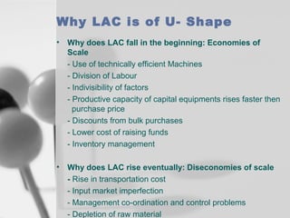 Why LAC is of U- Shape
•

Why does LAC fall in the beginning: Economies of
Scale
- Use of technically efficient Machines
- Division of Labour
- Indivisibility of factors
- Productive capacity of capital equipments rises faster then
purchase price
- Discounts from bulk purchases
- Lower cost of raising funds
- Inventory management

•

Why does LAC rise eventually: Diseconomies of scale
- Rise in transportation cost
- Input market imperfection
- Management co-ordination and control problems
- Depletion of raw material

 