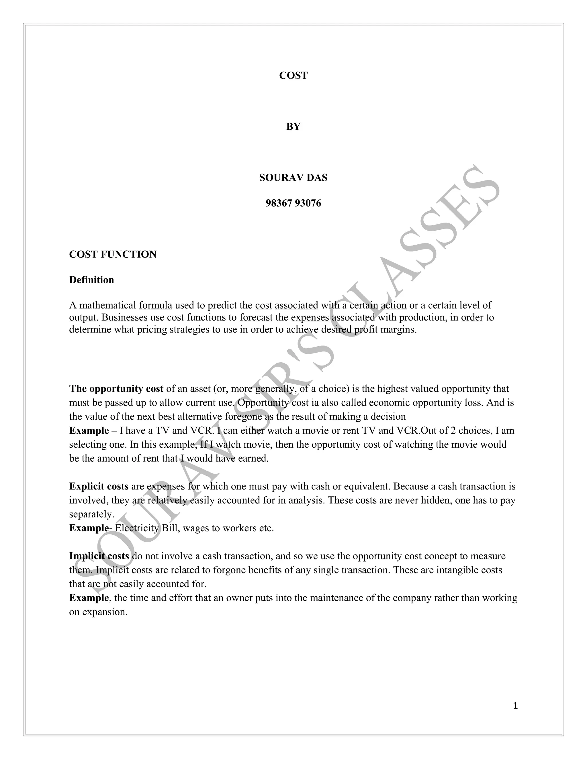 COST NOTES LECTURE ALL COST CURVES NUMERICALS EXAMPLES THEORY | PDF