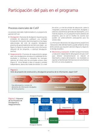 de sector y a nivel de entidad de adquisición, sobre la
integridad y exactitud de la información divulgada y
sobre las características generales de desempeño; y (ii) a
nivel de proyecto, en una pequeña muestra aleatoria de
proyectos, para la cual se resaltan los asuntos que
pueden ser potencialmente preocupantes para los
actores clave.
La información del proceso de aseguramiento proporciona
indicaciones útiles del desempeño y puede señalar los temas
de los sectores que requieren atención (Figura 4 y Figura 5);
se divulga al público.
Monitoreo y evaluación. El GMS maneja el monitoreo
y evaluación independiente del programa de país CoST
para obtener retroalimentación en relación al
desempeño y logros del programa. Los resultados se
reportan al Secretariado Internacional y la Junta Directiva
de CoST, así como al gobierno.
Participación del país en el programa
12
Los procesos esenciales implementados en un programa de
país de CoST son:
Divulgación. El proceso de divulgación requiere que las
entidades de adquisición publiquen una cantidad
limitada de información clave de proyecto en las etapas
seleccionadas del ciclo de proyecto (divulgación
proactiva de aproximadamente seis ítems por etapa – ver
Figura 2 y Figura 3) y para dar acceso a otra información
relevante de los proyectos, a solicitud (divulgación
reactiva).
Aseguramiento. El proceso de aseguramiento agrega
valor a las divulgaciones al evaluar la credibilidad de los
resultados y contribuye a interpretar los mensajes
salientes de interés para los principales actores clave
(Figura 4). Al ser llevado a cabo un equipo o entidad
independiente, abarca dos niveles de revisión: (i) a nivel
Procesos esenciales de CoST
Figura 2.
Ciclo de proyecto de construcción y divulgación proactiva de la información, según CoST
Figura 3. Esquema
de los Procesos de
Divulgación y
Aseguramiento
Entidad de
Adquisición
Solicitud
Información
Divulgada
Reactivamente
Divulgación Reactiva
Divulgación Proactiva
Aseguramiento
Actores clave
Proceso de Aseguramiento
Información
Divulgada
Proactivamente
Información
Divulgada
Proactivamente
Informe
de
Aseguramiento
Información
de Proyecto
Identificación
6 elementos
divulgados
Fase del proyecto y número de
elementos de información divulgados
de forma proactiva
Preparación
7 elementos
divulgados
Implementación
6 elementos
divulgados
Finalización
6 elementos
divulgados
Adquisiciones 6 elementos divulgados
 