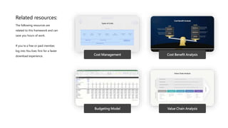 Related resources:
Cost Management Cost Benefit Analysis
Budgeting Model Value Chain Analysis
The following resources are
related to this framework and can
save you hours of work.
If you’re a free or paid member,
log into You Exec first for a faster
download experience.
 