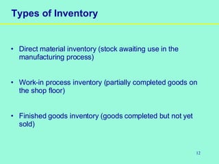12
Types of Inventory
• Direct material inventory (stock awaiting use in the
manufacturing process)
• Work-in process inventory (partially completed goods on
the shop floor)
• Finished goods inventory (goods completed but not yet
sold)
 