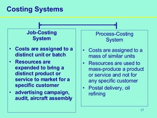 17
Costing Systems
Job-Costing
System
• Costs are assigned to a
distinct unit or batch
• Resources are
expended to bring a
distinct product or
service to market for a
specific customer
• advertising campaign,
audit, aircraft assembly
Process-Costing
System
• Costs are assigned to a
mass of similar units
• Resources are used to
mass-produce a product
or service and not for
any specific customer
• Postal delivery, oil
refining
 