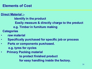 24
Elements of Cost
Direct Material :-
Identify in the product
Easily measure & directly charge to the product
e.g. Timber in furniture making
Categories
• raw material
• Specifically purchased for specific job or process
• Parts or components purchased.
e.g. tyres for cycles
• Primary Packing material
to protect finished product
for easy handling inside the factory.
 