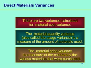40
Direct Materials Variances
There are two variances calculatedThere are two variances calculated
for material cost variance.for material cost variance.
TheThe material quantity variancematerial quantity variance
(also called the usage variance) is a(also called the usage variance) is a
measure of the amount of materials used.measure of the amount of materials used.
TheThe material price variancematerial price variance
is a measure of the cost to buy theis a measure of the cost to buy the
various materials that were purchased.various materials that were purchased.
 