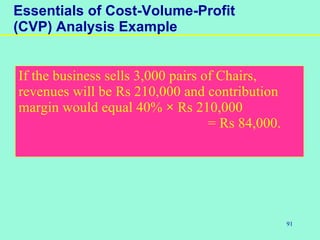 91
Essentials of Cost-Volume-Profit
(CVP) Analysis Example
If the business sells 3,000 pairs of Chairs,
revenues will be Rs 210,000 and contribution
margin would equal 40% × Rs 210,000
= Rs 84,000.
 
