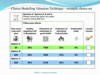 AGSIP 13 – Resource Economics
Question X: Options A, B and C.
Please choose the option you prefer
most by ticking ONE box.
Fifteen-year effects
How much
I pay each
year
Healthy
vegetation left
in floodplains
Kilometres of
waterways in
good health
Protection of
Aboriginal
Cultural sites
Unallocated
water
I would
choose
Option A
$0 20% 1500 25% 0%
Option B
$20 30% 1800 35% 5%
Option C
$50 40% 2100 45% 10%
Choice Modelling Valuation Technique – example choice set
 