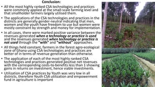 Cost benefit analysis of  csa practices utilization in the guinea savannah and forest agro-ecological zones of ghana- implications for csa investment and scalability at subnational level