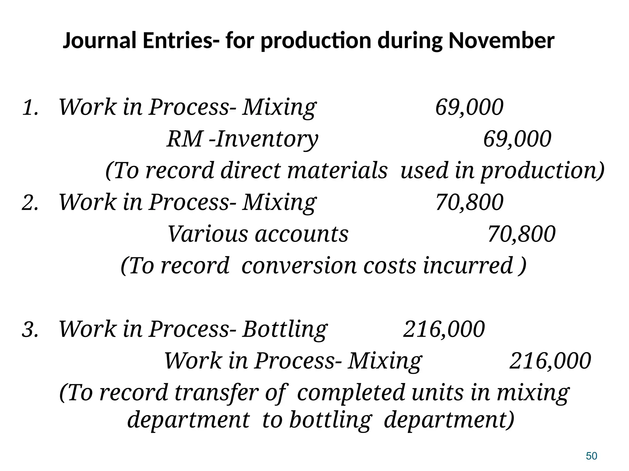 50
Journal Entries- for production during November
1. Work in Process- Mixing 69,000
RM -Inventory 69,000
(To record direct materials used in production)
2. Work in Process- Mixing 70,800
Various accounts 70,800
(To record conversion costs incurred )
3. Work in Process- Bottling 216,000
Work in Process- Mixing 216,000
(To record transfer of completed units in mixing
department to bottling department)
 