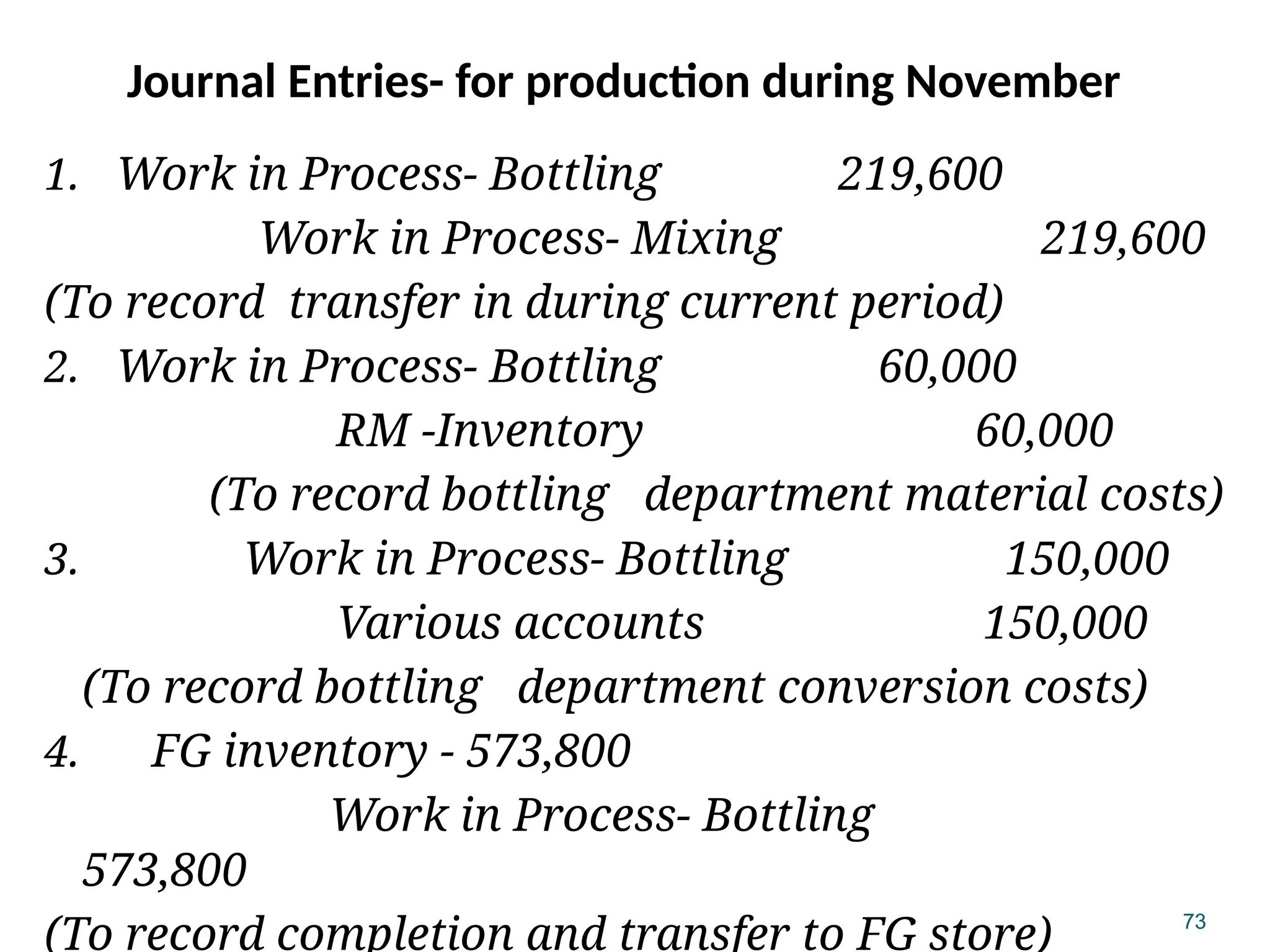 73
Journal Entries- for production during November
1. Work in Process- Bottling 219,600
Work in Process- Mixing 219,600
(To record transfer in during current period)
2. Work in Process- Bottling 60,000
RM -Inventory 60,000
(To record bottling department material costs)
3. Work in Process- Bottling 150,000
Various accounts 150,000
(To record bottling department conversion costs)
4. FG inventory - 573,800
Work in Process- Bottling
573,800
(To record completion and transfer to FG store)
 