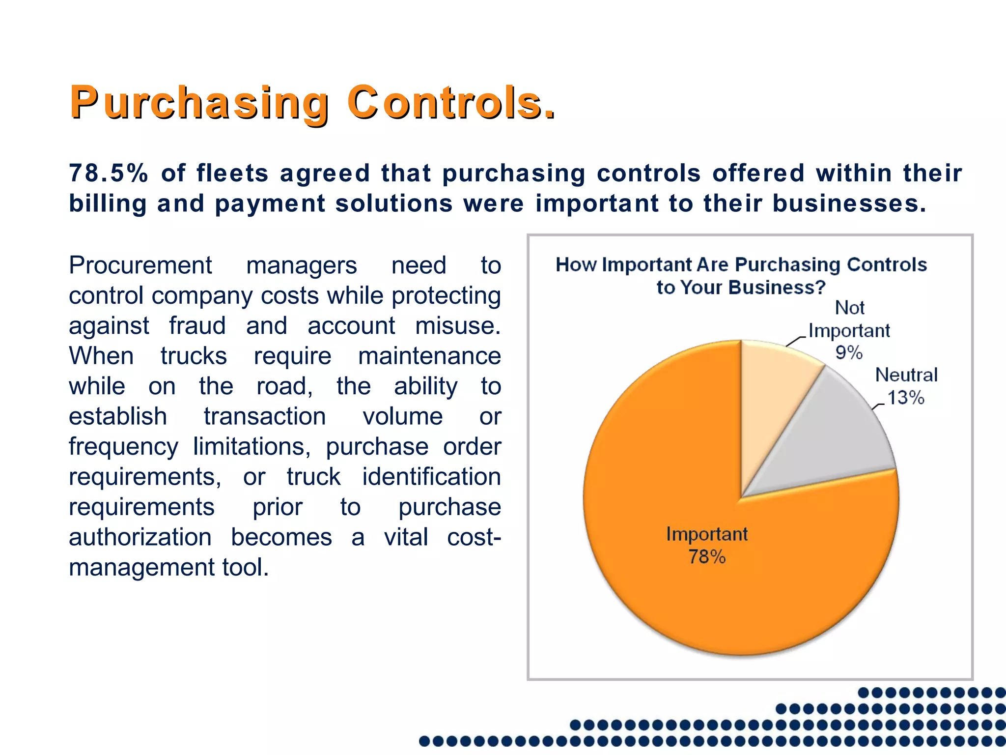 78.5% of fleets agreed that purchasing controls offered within their billing and payment solutions were important to their businesses. Purchasing Controls. Procurement managers need to control company costs while protecting against fraud and account misuse. When trucks require maintenance while on the road, the ability to establish transaction volume or frequency limitations, purchase order requirements, or truck identification requirements prior to purchase authorization becomes a vital cost-management tool. 