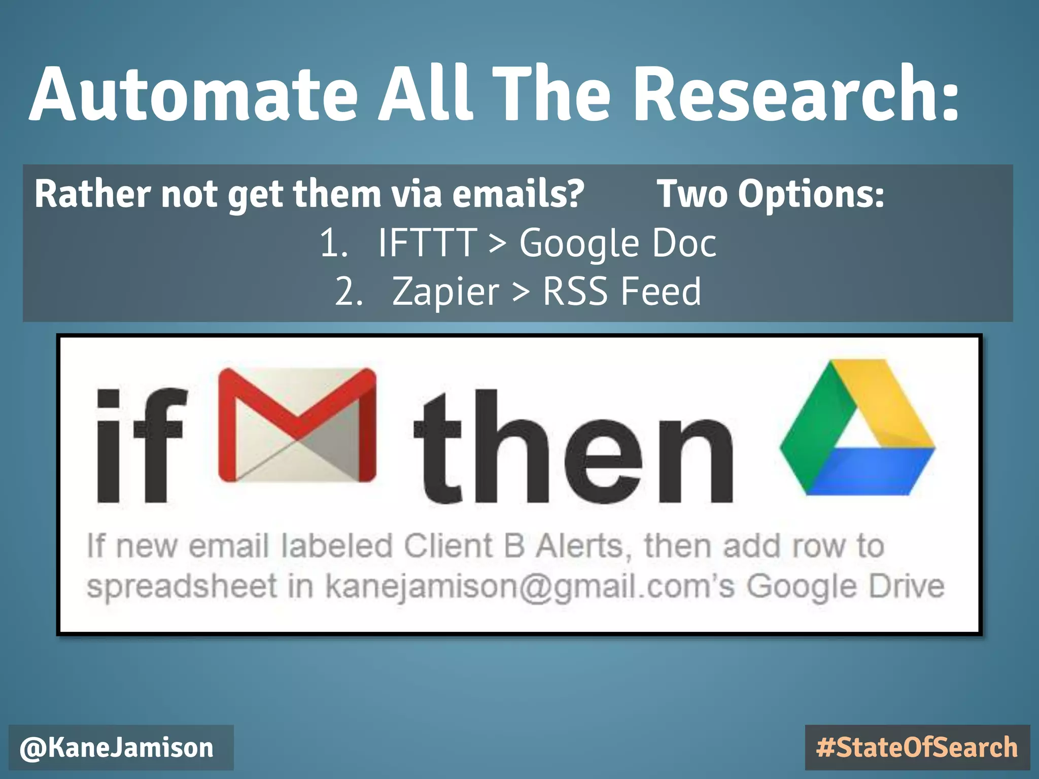 Automate All The Research:
@KaneJamison
Rather not get them via emails? Two Options:
1. IFTTT > Google Doc
2. Zapier > RSS Feed
#StateOfSearch
 
