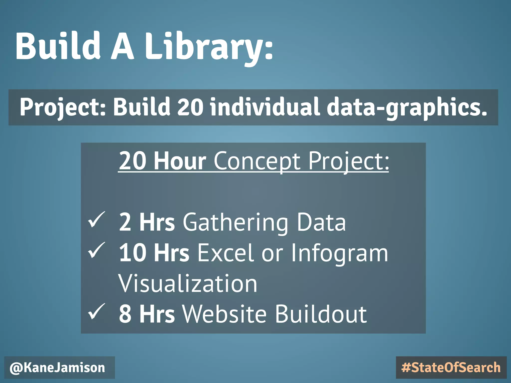 Build A Library:
@KaneJamison #StateOfSearch
Project: Build 20 individual data-graphics.
20 Hour Concept Project:
 2 Hrs Gathering Data
 10 Hrs Excel or Infogram
Visualization
 8 Hrs Website Buildout
 