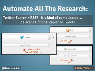 Automate All The Research:
@KaneJamison
Twitter Search > RSS? It’s kind of complicated…
2 Decent Options: Zapier or Twools
#StateOfSearch
 