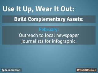Use It Up, Wear It Out:
@KaneJamison
February:
Outreach to local newspaper
journalists for infographic.
#StateOfSearch
Build Complementary Assets:
 