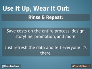 Use It Up, Wear It Out:
@KaneJamison
Save costs on the entire process: design,
storyline, promotion, and more.
Just refresh the data and tell everyone it’s
there.
#StateOfSearch
Rinse & Repeat:
 