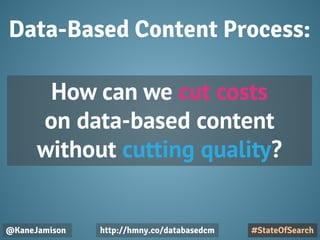 Data-Based Content Process:
@KaneJamison
How can we cut costs
on data-based content
without cutting quality?
#StateOfSearch
http://hmny.co/databasedcm
 