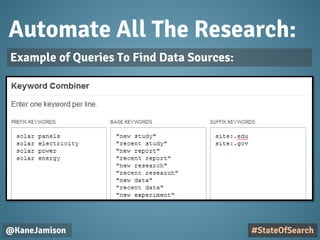 Automate All The Research:
@KaneJamison
Example of Queries To Find Data Sources:
#StateOfSearch
 